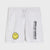 Light heather gray sweat shorts featuring a yellow embroidered smiley face on the left leg and vertical black 'SMILEY WORLD' text on the right leg, shown flat against a light gray background.