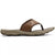 A brown leather thong sandal with a contoured beige sole, shown in a side profile view against a white background.