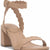 A single beige block-heel sandal with scalloped cutout details on the toe strap, ankle strap, and heel counter, shown from a three-quarters angle on a white background.