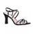 Black strappy high-heeled sandal with rhinestone details on a white background
