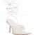 A single white leather high-heeled sandal with a pointed toe, thin wrap-around straps, and a wraparound ankle strap tied in a bow, shown on a plain white background.