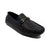A black leather loafer driving shoe with a decorative metallic horsebit detail on the vamp, shown from a three-quarters angle on a white background.