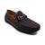 A dark brown leather loafer with a textured grain upper, a matching brown leather strap with a silver-tone horsebit buckle, and a black sole, shown on a white background.