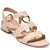 A single women's block-heel sandal by FALAIN, shown from a three-quarters angle. The sandal features textured beige straps with gold-tone hardware, including a buckle on the ankle strap and two large decorative O-ring details on the upper.
