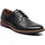 A black leather lace-up dress shoe with a rounded toe, classic side panels, and a brown stacked sole, shown on a white background.
