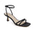A single black leather high-heeled sandal with a square toe, ankle strap, and a beaded embellished front strap, shown on a white background.