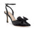 A single black satin pointed-toe high heel with an ankle strap and a large bow on the toe, shown on a clean white background.