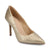 A single pointed-toe high heel pump in a textured metallic gold finish, shown from a three-quarters angle on a white background.