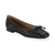 A single black leather ballet flat with a woven basket-texture toe cap and a small black bow, shown on a clean white background.