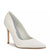 A single white pointed-toe high heel pump with a slim stiletto heel, shown from a three-quarters angle on a plain white background.