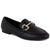 A black pebbled leather loafer with a gold-tone horsebit buckle on the vamp, shown from a three-quarters angle against a plain white background.