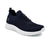 A dark navy blue knit slip-on sneaker with a thick, textured white sole, shown from a three-quarters angle on a white background.