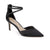 A black satin pointed-toe high heel pump with an ankle strap embellished with dark rhinestones, shown from a side profile on a white background.