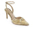 A metallic gold pointed-toe high heel sandal with an ankle strap, pleated texture, and a knotted detail on the toe, shown against a plain white background.