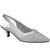 A single women's slingback pump in a light silver-gray color, featuring a pointed toe, a slim kitten heel, and an adjustable ankle strap with a silver buckle, shown against a plain white background.