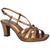 A metallic bronze strappy sandal with a low block heel, shown from a side profile on a white background.
