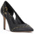 A black leather pointed-toe pump with gold-tone studded detailing and a gold buckle strap on the side, shown against a plain white background.