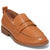 A single tan leather penny loafer shoe with a low stacked heel, shown from a three-quarters angle on a white background.