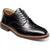 A black leather wingtip oxford shoe with brogue detailing, black laces, and a brown sole, shown from a three-quarters angle on a white background.