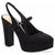 A single black platform slingback pump with a chunky block heel, a Mary Jane strap with a small silver buckle, and a light beige insole, shown against a plain white background.