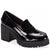 A single black patent leather penny loafer with a chunky lug sole and block heel, shown from a three-quarters angle on a white background.