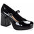 Black patent leather platform shoe with a block heel on a white background