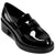 Black patent leather loafer shoe on a white background