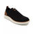 A black knit lace-up sneaker with brown leather accents on the heel and tongue, and a thick white sole, shown on a white background.