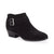 A black suede ankle boot with a low block heel and a silver buckle detail on the side, shown against a plain white background.