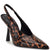 A pointed-toe slingback high heel shoe featuring a glossy leopard print pattern in black and warm brown tones, shown against a plain white background.