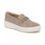 A taupe-brown suede slip-on shoe with a chunky white sole and a decorative chain detail on the vamp, shown against a plain white background.