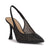 A single black slingback high-heeled pump with a pointed toe covered in black rhinestones, shown against a plain white background.