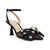 A single black pointed-toe heeled sandal with an ankle strap, featuring a large bow embellished with white faux pearls and a jeweled brooch, on a white background.