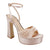 A light beige satin high-heeled sandal with an ankle strap, a chunky block heel, a platform sole, and a knotted bow detail across the front, shown on a plain white background.
