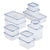 A set of clear plastic storage containers with square lids and blue sealing rims, shown in multiple sizes on a plain white background.