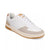 A low-top sneaker in white leather with beige suede panels, white laces, and a gum brown sole, shown on a clean white background.