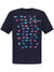 Navy blue t-shirt with colorful geometric pattern and brand logo on a white background
