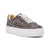 A low-top platform sneaker featuring an intricate, heavily embellished metallic silver upper with floral and paisley patterns, white laces, and a thick white platform sole.