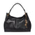 A black leather hobo shoulder bag with gold-tone hardware, featuring a hanging 'Karl Lagerfeld' signature charm, shown against a plain white background.