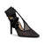 A black pointed-toe high heel pump with a sheer mesh upper covered in small black studs, a large black satin bow around the ankle, and a slim black stiletto heel, shown on a white background.