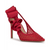 A red pointed-toe high heel pump featuring sheer mesh panels, a large ruffled bow around the ankle, and rows of sparkling red rhinestones on the toe box, shown against a plain white background.