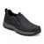 A single black slip-on casual shoe with a textured synthetic upper, elastic side gore, and a chunky black and gray sole, shown on a plain white background.