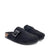 A pair of black suede clogs with silver buckle straps, displayed on a clean white background.