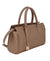 A structured taupe-brown woven leather handbag with double top handles, a detachable shoulder strap, a front zip pocket, and a gold-tone padlock detail, shown on a plain white background.