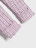 Pair of pink cable knit leg warmers on a light gray background