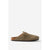 A single taupe-brown suede clog shoe with a brown cork midsole and a black outsole, shown from a side profile against a light gray background.