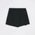 A black wrap-style mini skirt with a pleated front and two silver-tone metal grommets on the side, laid flat against a light gray background.