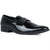 Black patent leather loafer on a white background