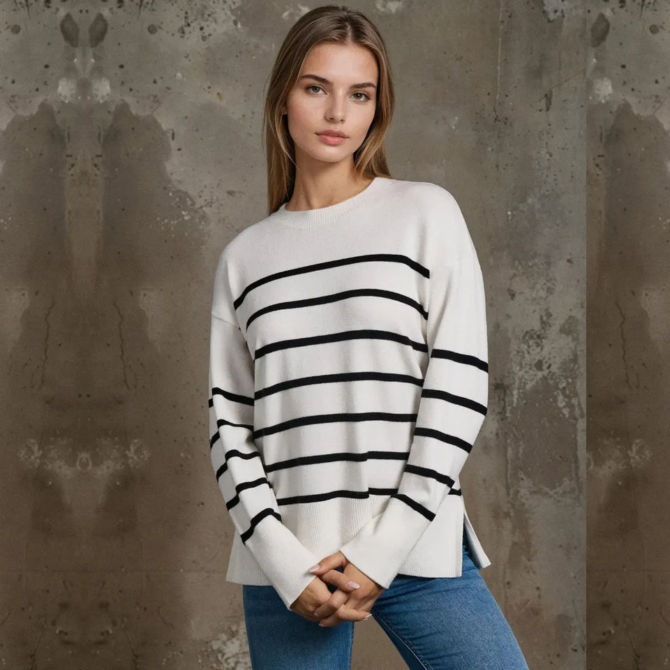 Sinsay Women'sWhite Black Striped Side Slits Blouse