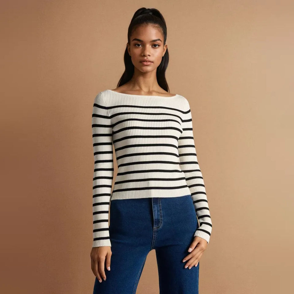 Sinsay Women's Cream Long-Sleeve Rib-Knit Wide Boat Neck Blouse